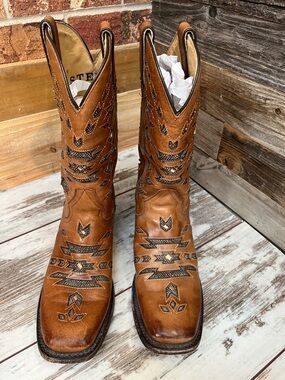 Stetson Handmade Honey Brown Leather Western Cowboy Boots 9 Narrow Square Toe